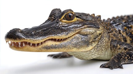 Fototapeta premium Close-up portrait of an American alligator showcasing detailed skin texture and sharp teeth on a white background, side angle