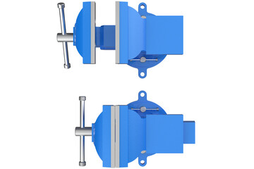 Workshop Blue Bench Vises Set: Essential Clamping and Holding Tools. Features Open and Closed Jaws, Isolated on Transparent PNG. Ideal Gear for DIY, Metalworking, Woodworking Projects.