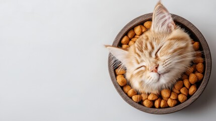 A cute ginger kitten sleeps peacefully led inside a wooden bowl filled with dry cat food pellets on a plain white surface providing adorable pet photography.