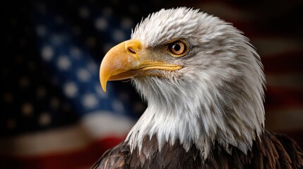 Close-up of a majestic bald eagle head with an American flag blurred in the background, side profile view 