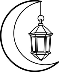 lantern hanging on crescent moon line art vector illustration outline