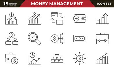 Money management outline icon set. money management, wallet, banking, ATM, piggy bank, investment profit, finance growth chart, money increase, finance icon collections. vector illustration.