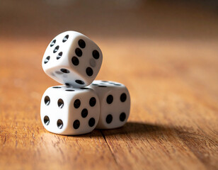 close up shot of standard white D6 dice on wooden table, AI Generated
