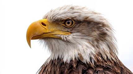 Fototapeta premium Close-up of a bald eagle head with sharp yellow beak and detailed feathers on a white background, side view angle