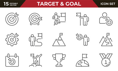 Target, goal line icon set. Success, achievement, mission, winner and more. Series in linear style. Outline icon collection