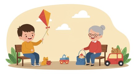 Joyful Intergenerational Play: Boy with Kite and Grandmother