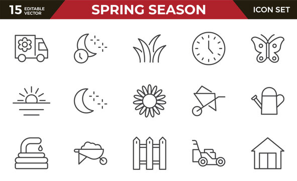 Spring season Equipment Icon set. Thin line icons set. Flatiron collection set. Outline planting flowers and seeds, watering can and fertilizers. Spring, agriculture and gardening concept.