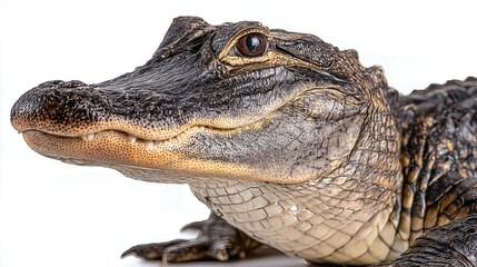 Obraz premium Close-up of an alligator head showing detailed scales and eye sharp focus on a white background, side angle