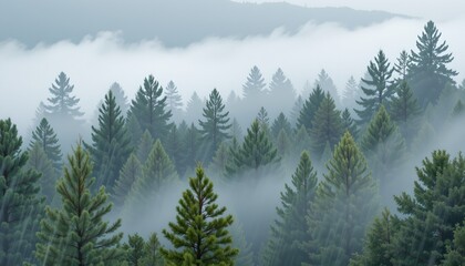 soft fog over pine trees in the rain, clean layering of forest depth, limited color palette of soft greens and misty white
