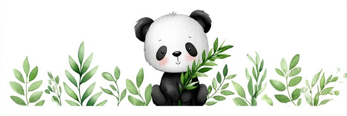 Adorable Panda Cub Amidst Greenery - Cute cartoon panda bear sitting amongst lush green leaves on a white background. Perfect for children's products, cards, or websites
