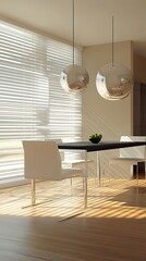 Dining room setup with modern lighting and peaceful garden high resolution picture