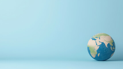 Fototapeta premium Small globe rests on blue pastel background, symbolizing global awareness and environmental consciousness