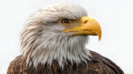 Obraz premium Close-up portrait of a bald eagle with detailed feathers and yellow beak on a white background