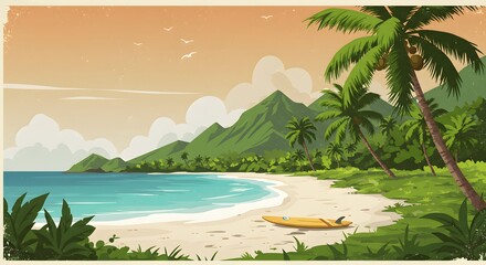 Obraz premium Serene Tropical Beach Landscape Palm Trees, Mountains, and Calm Ocean