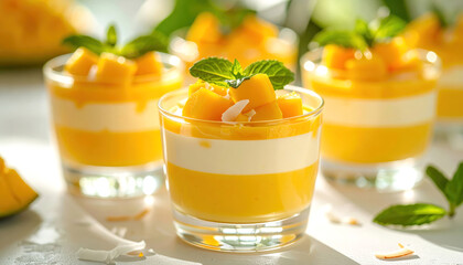 Creamy coconut mango panna cotta in glass cups with layered textures and fresh mint garnish. Bright and refreshing dessert