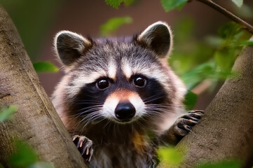 Ein Waschb&auml;r lugt durch die &Auml;ste