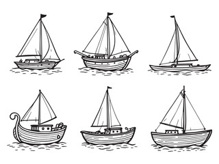Wood boat simple line art collection