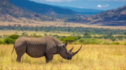 Obraz premium Large rhinoceros grazing in a grassy savanna landscape.