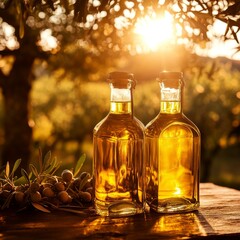Golden Olive Oil Bottles Surrounded by Nature at Sunrise