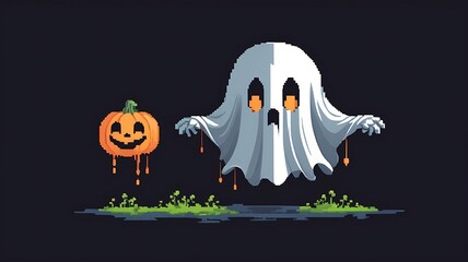 Obraz premium 8-bit ghost with sheet and spooky face, floating animation sprite