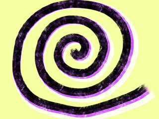 Simple yellow background. Spiral stripes in retro pop art style, black pink and white spiral, copy space