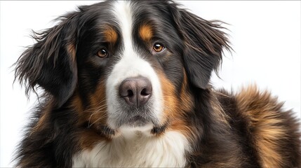Fototapeta premium Close-up portrait of a Bernese Mountain Dog with detailed fur texture on a white background, front angle