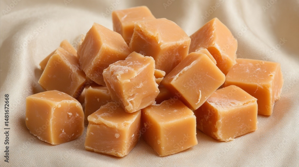 Poster rustic pieces of caramel candy squares are hand-broken and arranged on a smooth beige surface, highl