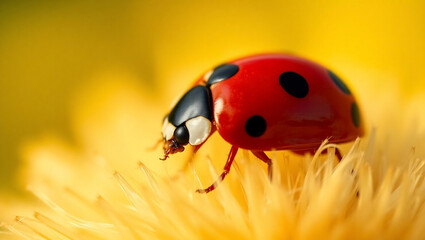 Fototapeta premium Extreme Close-Up of a Ladybug on Dandelion – Cinematic Digital Art in Warm Golden Light