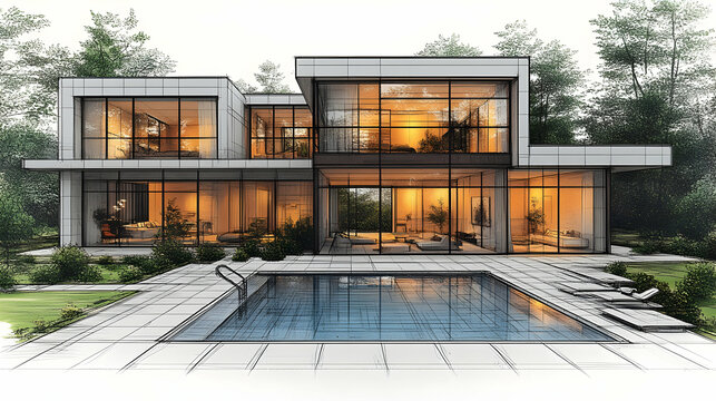 Luxurious modern home design with expansive glass walls, an inviting pool, and lush landscaping