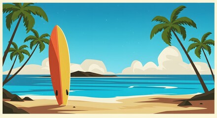 Tropical Beach Surf Scene Palm Trees, Ocean, and Surfboard
