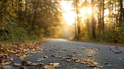 Autumnal forest road covered with fallen leaves.