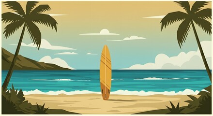 Tropical Beach Surf Scene Vintage Surfing Illustration