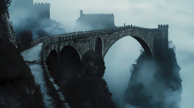 Stone bridge connects clifftop castle in mist. [Skyroot Canopy] | Skylink Arch | aerial bridge. Illustration