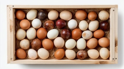 Top-down view of a rustic wooden crate containing assorted fresh brown and white organic eggs against a clean white backdrop, showcasing natural textures