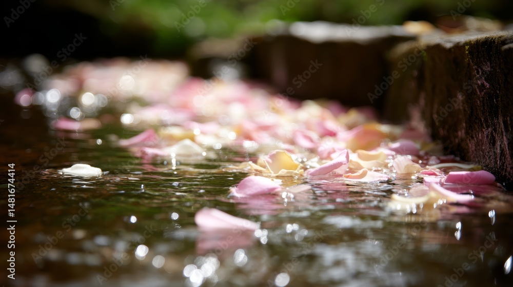 Poster colorful flower petals float on a clear stream, gently disturbed by the light. sunlight creates spar