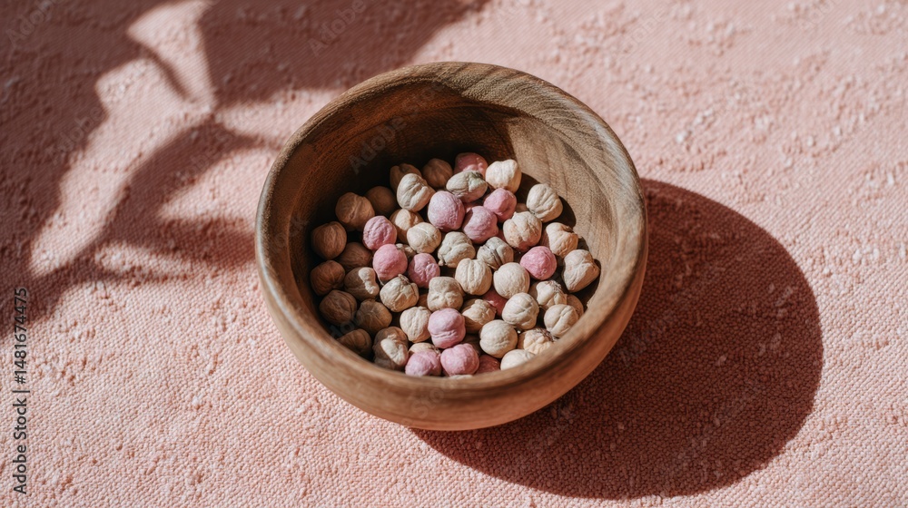 Aufkleber A top-down shot showcases a rustic wooden bowl filled with dried chickpeas, gently illuminated, creating a warm and inviting atmosphere