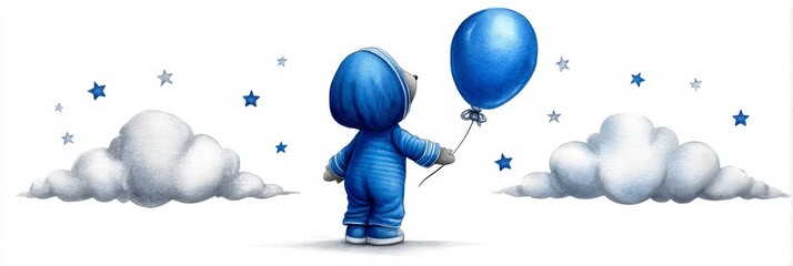 Little Blue Bear's Balloon Voyage - A whimsical watercolor painting of a cute blue bear in a spacesuit, holding a blue balloon, floating among clouds and stars. Symbolizing dreams, adventure