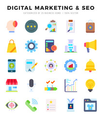 Set of Flat DIGITAL MARKETING & SEO Icons. Flat art icon. Vector illustration
