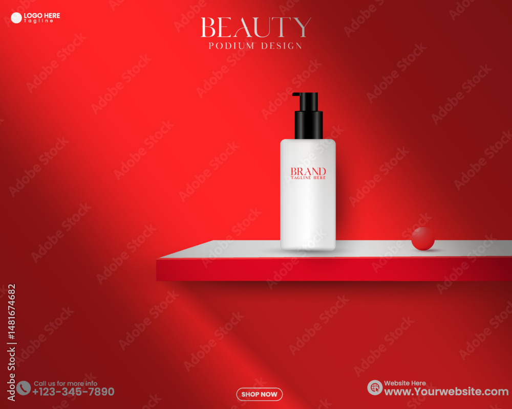 Poster 3d realistic red color cosmetics product mockup design template with shadow overlay effect. red stud