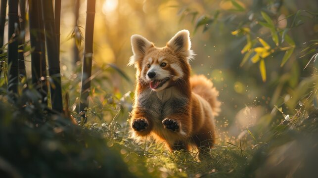 Red panda leaping in bamboo forest - Powered by Adobe