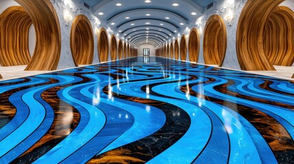 Obraz premium Abstract Wavy Blue Brown Floor in a Modern Hallway with Wooden Arches