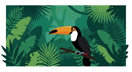 Obraz premium Vibrant Toucan Bird Resting on Branch Amid Lush Tropical Rainforest Foliage Green Leaves Jungle Paradise Wildlife Nature