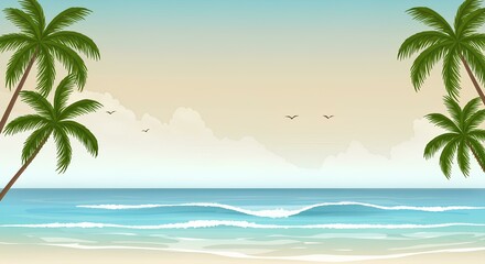 Obraz premium Serene Tropical Beach Scene with Lush Palm Trees Swaying Gently in the Breezy Ocean Air under a Calm Sky
