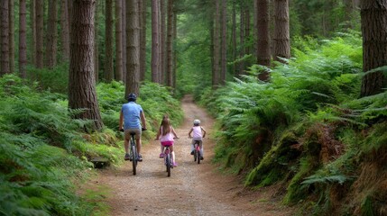 Fototapeta premium Family Cycling Together on Forest Path Outdoor Adventure