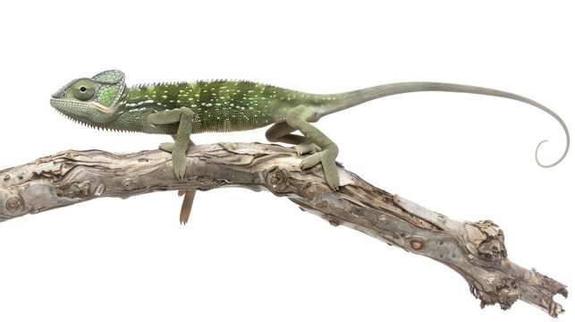 Green chameleon on a branch against white background.  Detailed view of a small lizard-like reptile with a  long tail and patterned skin.  It's perched on a weathered, light brown branch