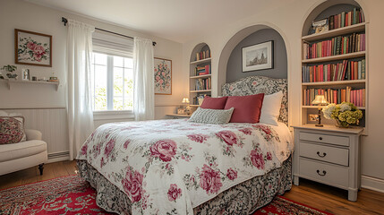 Charming bedroom with floral bedding, built-in bookshelves, and a cozy armchair