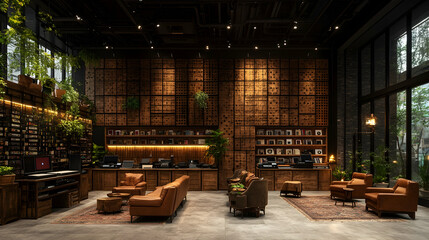 Luxurious retail space with wooden wall accents, leather seating, and lush greenery