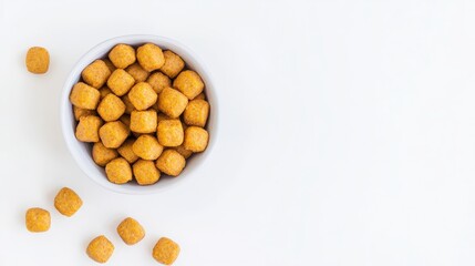 An overhead shot shows a white bowl filled with bite-sized golden brown cube-shaped snacks scattered around it on a clean, bright white surface, minimalist and simple.