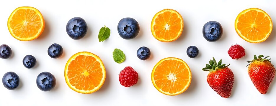 Colorful fruit flatlay oranges, berries