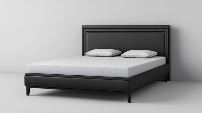 Black boxspring bed with headboard and mattress isolated